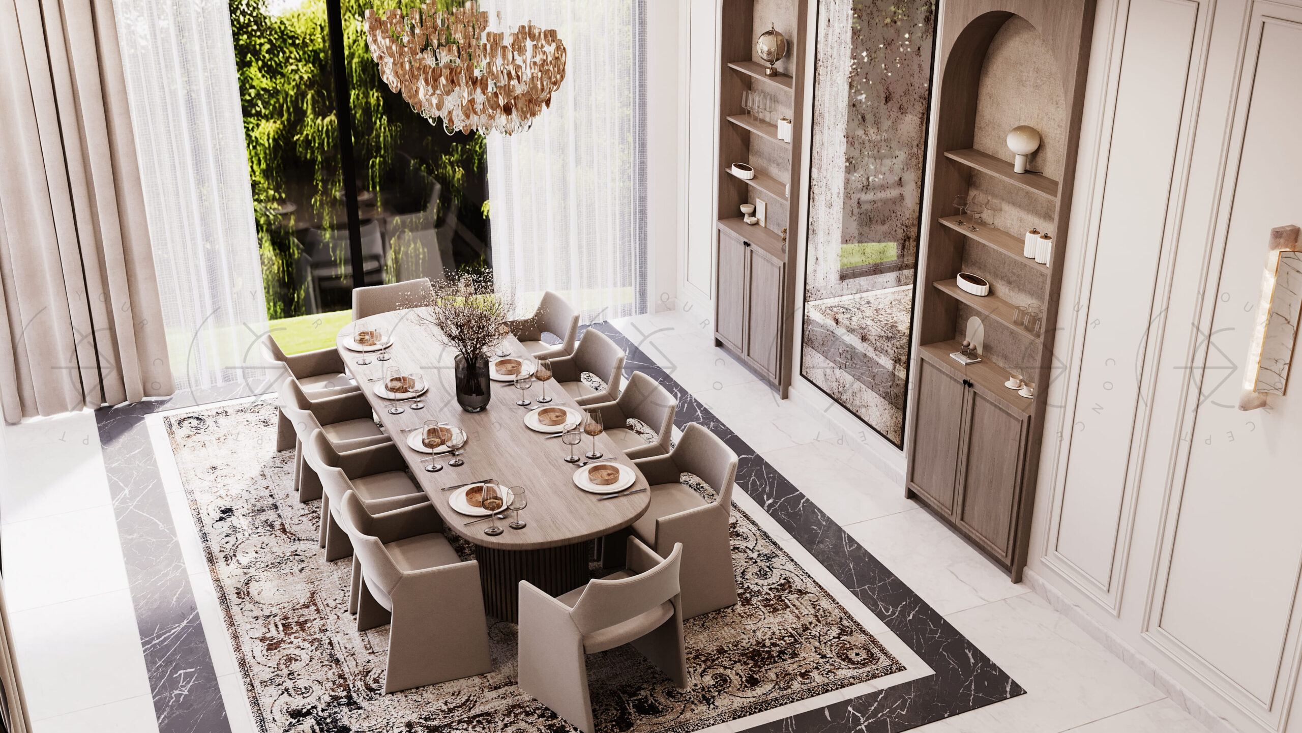 تصميم داخلي لغرفة طعام ومطبخ
